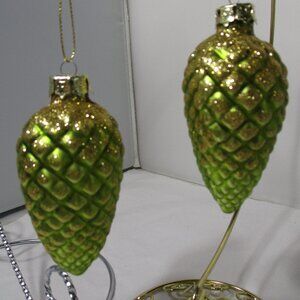 Stunning Green and Gold Glitter Glass Pinecone Christmas Holiday Tree Ornaments